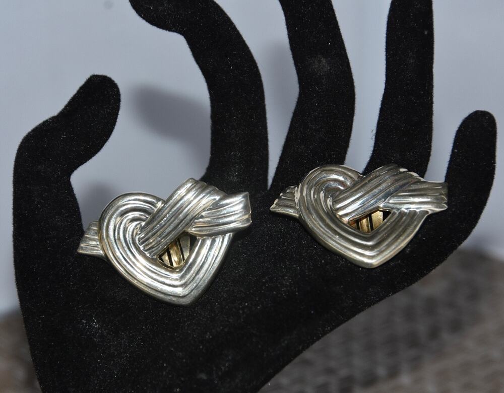 Modernist Taxco Mexican Sterling Silver Knotted Heart Clip Earrings Signed 17.8g